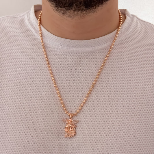Cadena Tejido Militar Diamantada ORO ROSA  de 60cm de 4mm + San Miguel Arcángel en Oro Lamiando 18k Rosa con Garantía de  por vida