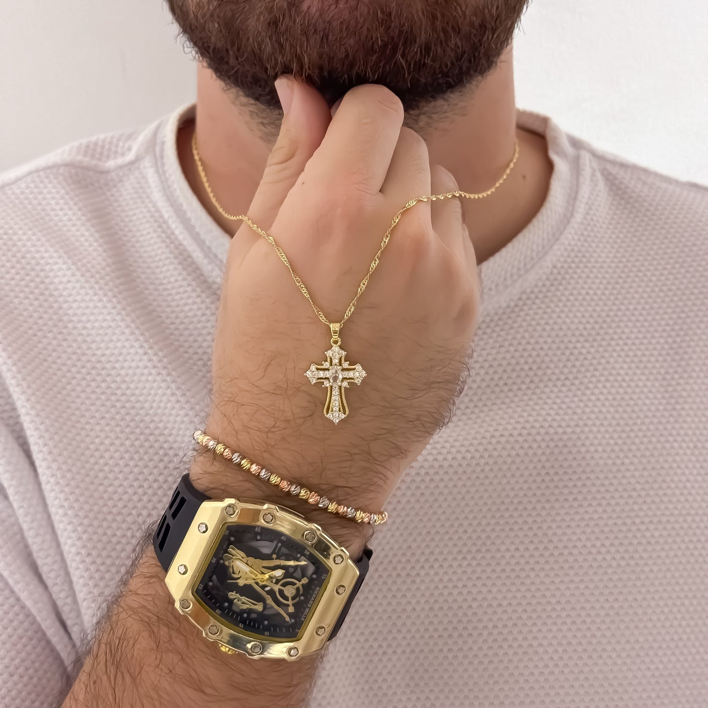 Cadena Lazo de Hombre de 60cm de 2mm + Cruz Micro Circones Cristales + Pulsera Balin Italiano de 4mm + Reloj Hombre Richard en Oro Laminado 18k con Garantia de por vida