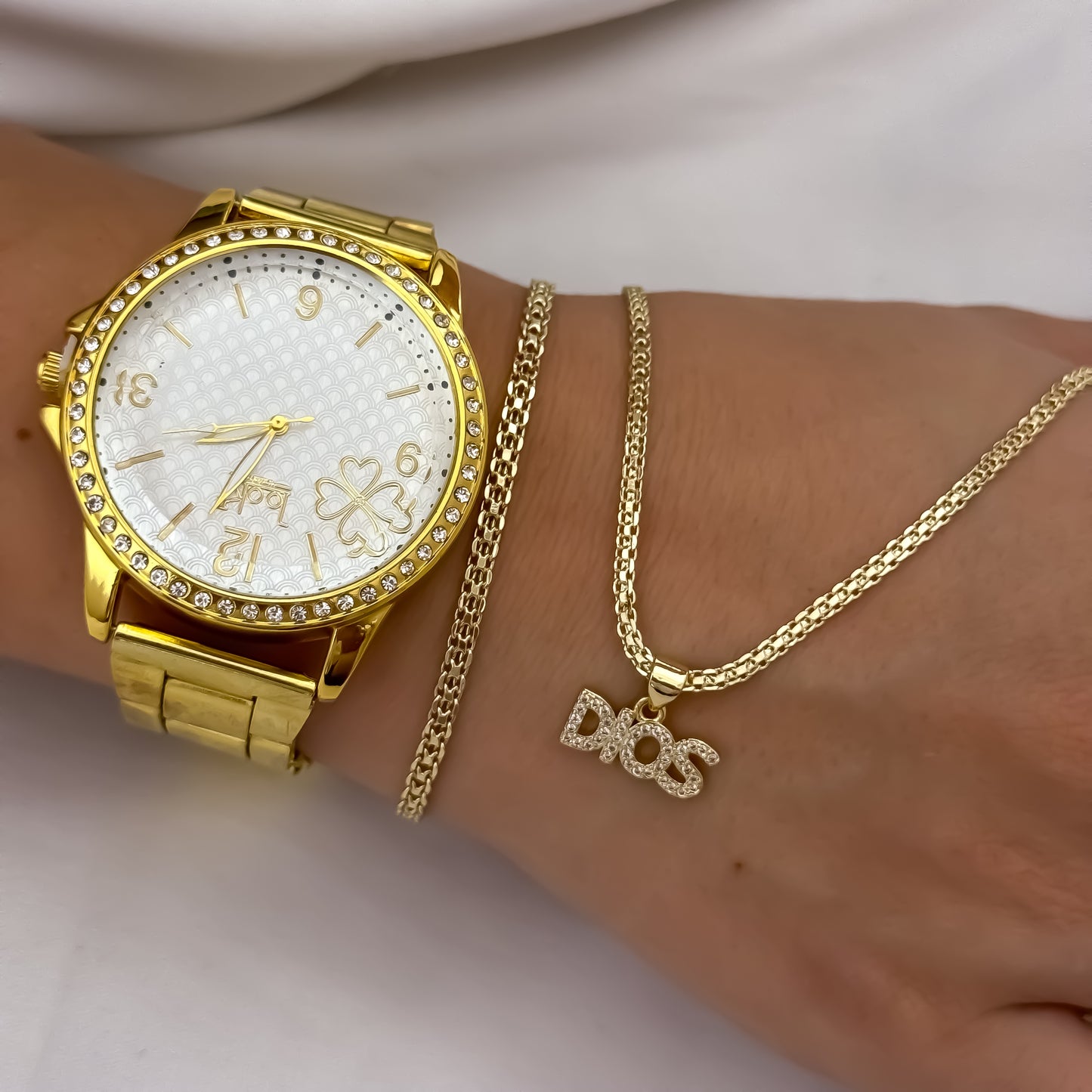 Juego de Cadena Tejido Chino de Dama de 45cm de 3mm de Grosor + Dije de Dios + Pulsera de 18cm de 3mm en Oro Laminado 18k con Garantia de por vida + Reloj de Dama