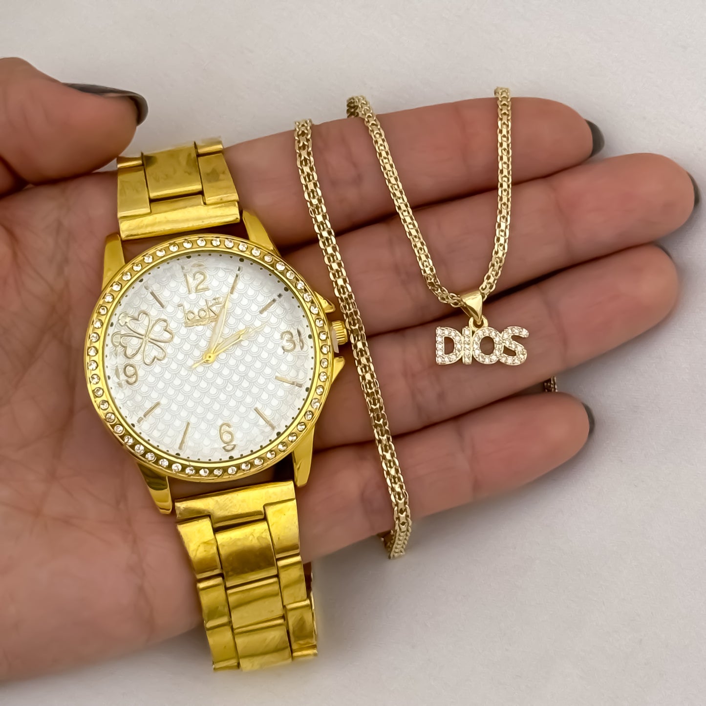 Juego de Cadena Tejido Chino de Dama de 45cm de 3mm de Grosor + Dije de Dios + Pulsera de 18cm de 3mm en Oro Laminado 18k con Garantia de por vida + Reloj de Dama