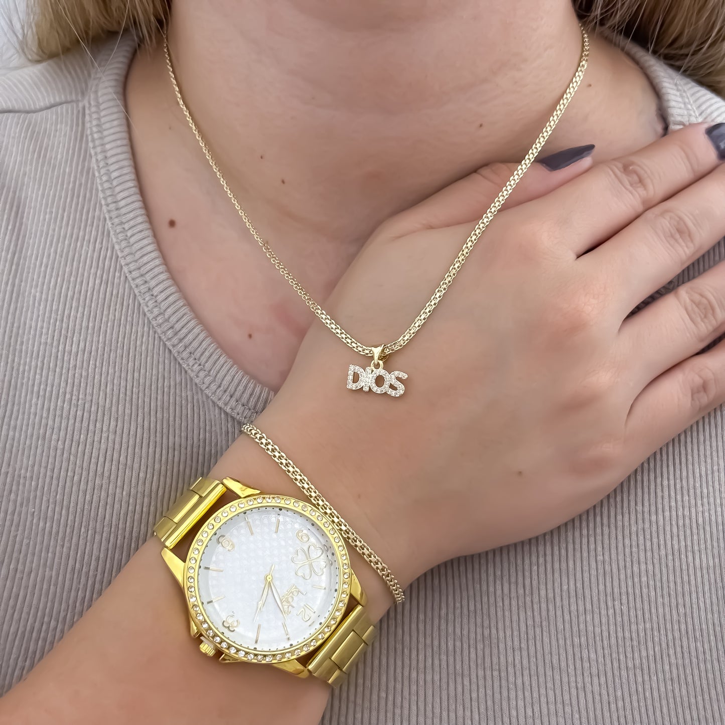 Juego de Cadena Tejido Chino de Dama de 45cm de 3mm de Grosor + Dije de Dios + Pulsera de 18cm de 3mm en Oro Laminado 18k con Garantia de por vida + Reloj de Dama