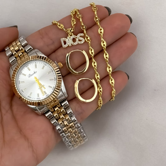 Cadena Tejido Gucci de Dama de 45cm de 3mm de Grosor + Dije de Dios + Candongas Tubular Lisa en Oro Laminado 18k con Garantía de  por vida + Reloj de Dama Bicolor Bvlgari