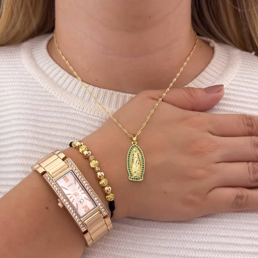 Cadena Tejido Singapur de Dama de 45cm + Virgen de Guadalupe talla con Micro Circones de Colores + Pulsera Diamantada + Reloj Dama Calvin Klein en Oro Laminado 18k
