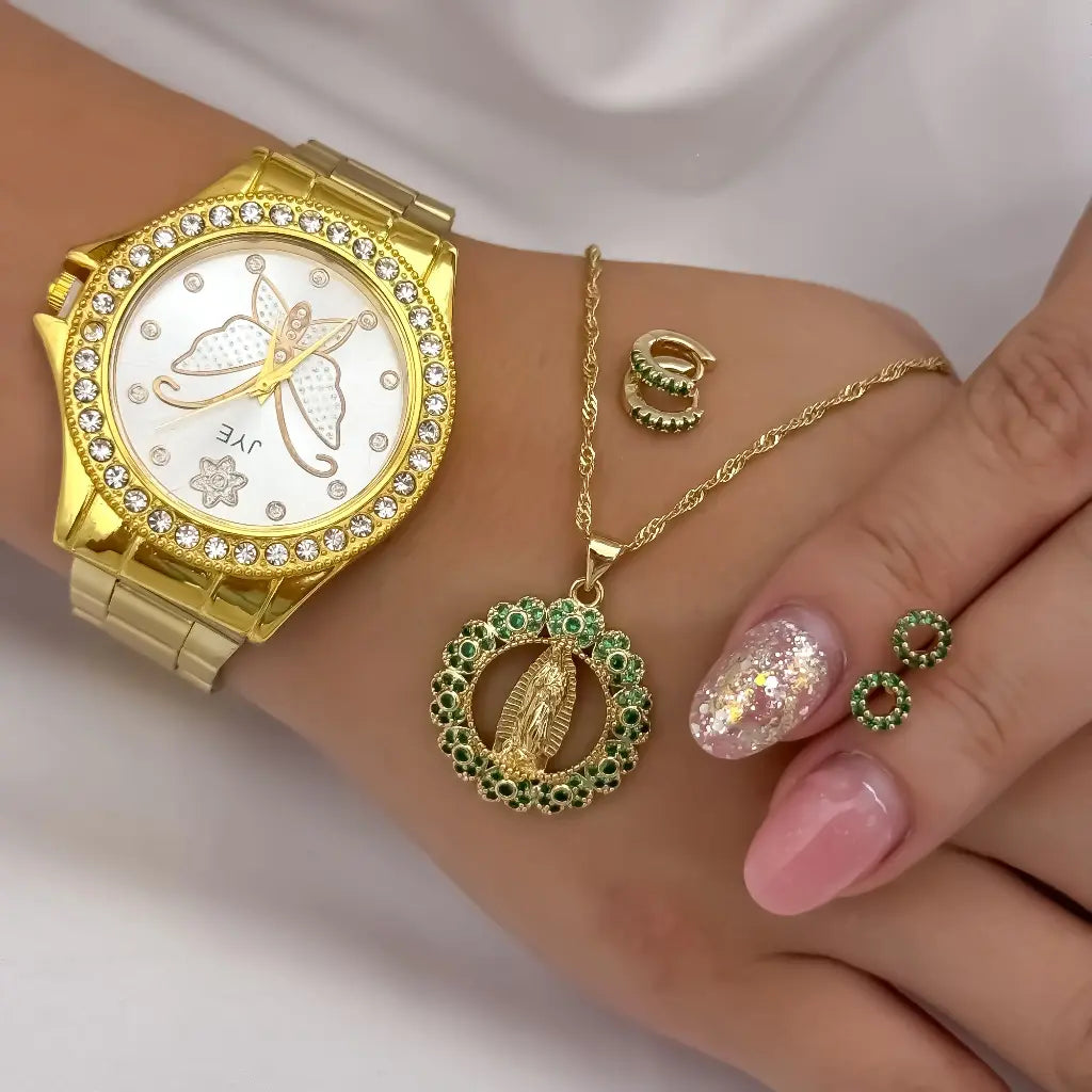 Juego de Cadena Singapur de Dama de 45cm + Virgen de Guadalupe  con Circones Verde + Topos Verde Esmeralda + Candongas Verde en Oro Laminado 18k con Garantia de por vida + Reloj de Alta Gama de Dama Marca JYE