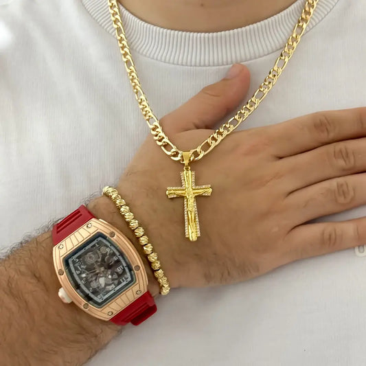 Cadena Tejido Catier 60cm + Cristo Madero Protección + Pulsera balin 5mm Italiano + Reloj Richar Mille
