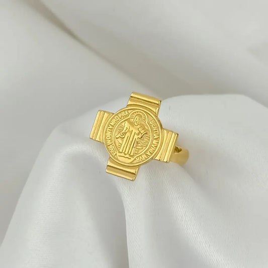 ANILLO CRUZ SAN BENITO PROTECCION DE TODO LOS MALES EN BAÑO DE OR18K