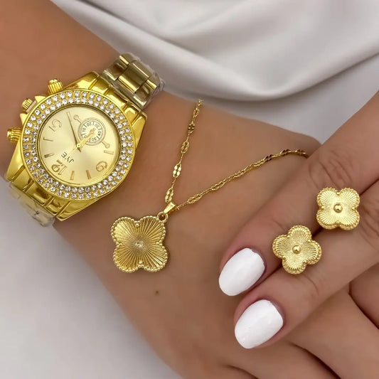 Cadena Tejido Crispeta de Dama de 45cm + Dije de Trebol de Suerte + Topo Trebol en Oro Laminado 18k con Garantia de por vida + Reloj de Alta Gama de JYE Garantizado
