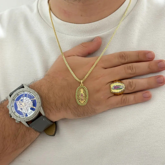 Juego de Virgen de Guadalupe Cadena Tejido Chino 60cm + Virgen Guadalupe Tallada con Micro Circones + Anillo de Virgen Guadalupe en  Oro Laminado 18k con Garantia de por vida