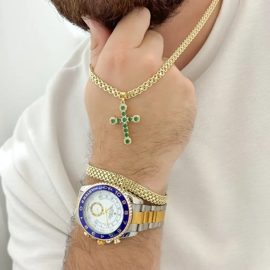 Juego para Caballero de Cadena Tejido Chino 60cm + Cristo verde Esmeralda + Pulsera  Tejido Chino + Reloj Rolex De Bisel Azul