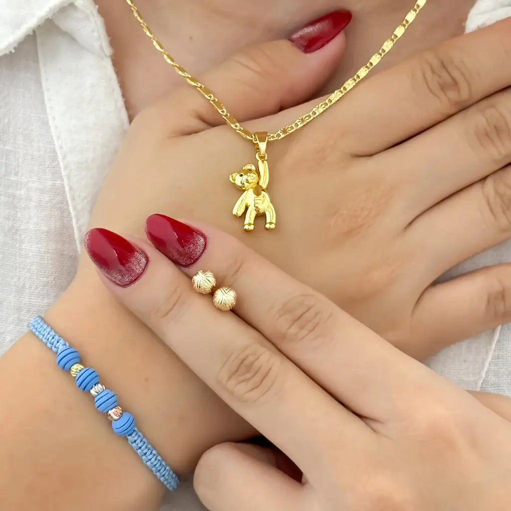 Juego de Cadena Tejido Escalera con Destello + Oso Tedy + Topo Balin Diamantado + Pulsera  Balin Diamantado