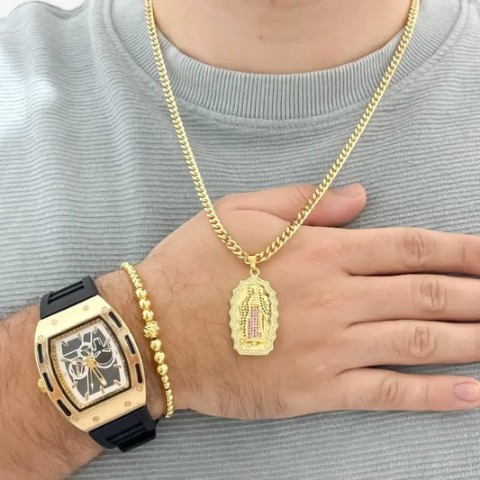 Cadena Cubana de Hombre de 60cm de 3mm de Grosor + Virgen de Guadalupe con Micro circones + Pulsera Full balines de 4mm + Reloj Richar de Alta calida en Oro Laminado 18k con Garantia de por vida