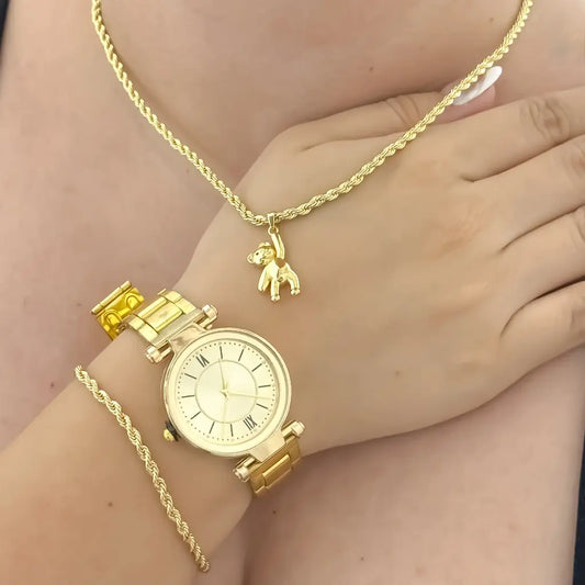 CONJUNTO LAZO PARA DAMA CADENA + OSO TEDY + PULSERA + RELOJ EN BAÑO DE ORO DE 18K CON GARANTIA